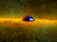 artist's concept of the relativistic flow of matter around a fast rotating black hole in the center on an accretion disk